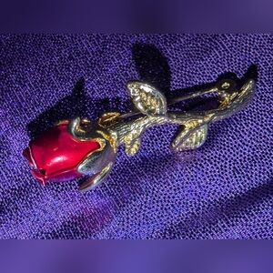 Vintage Red and Gold Tone Metal Rose Bud Leaves Lapel Pin Brooch Flower 2”